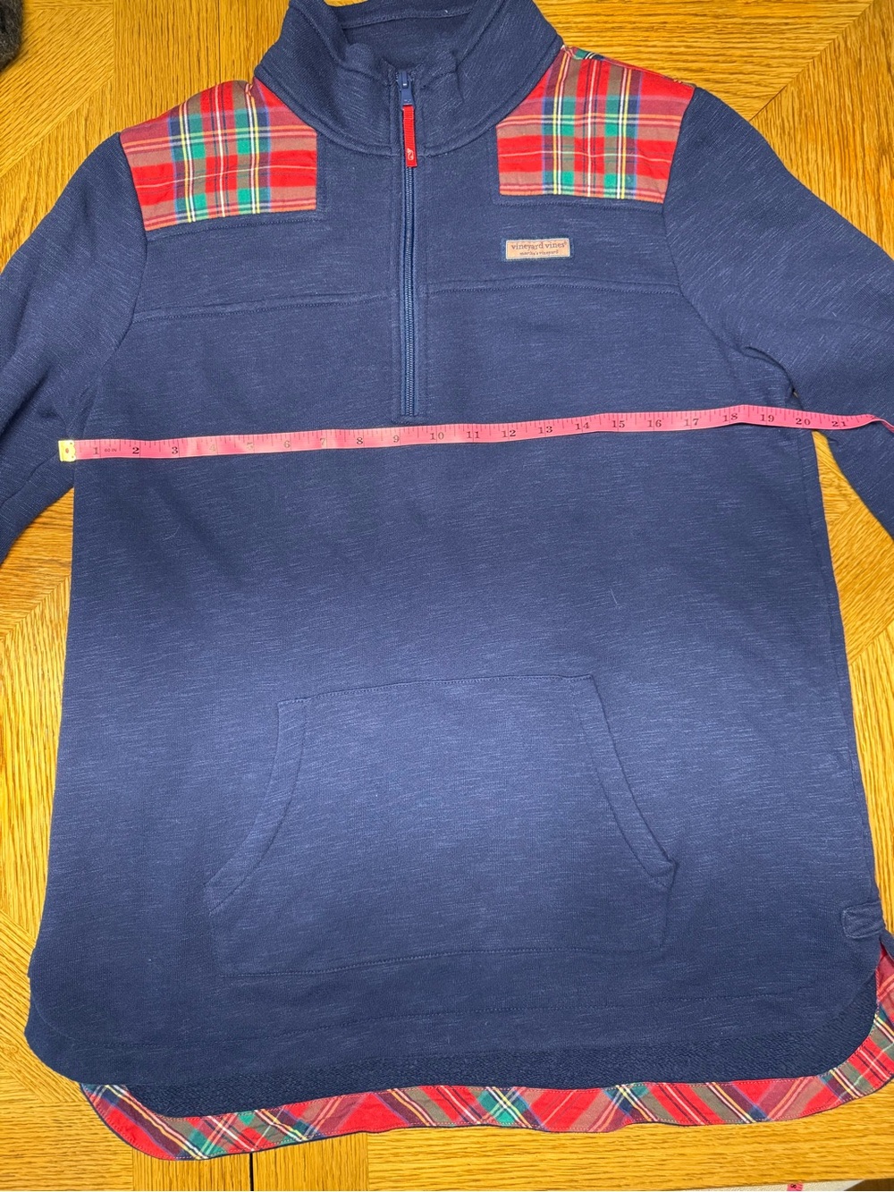 Vineyard Vines Navy Quarter-Zip with Red Plaid Shoulder - Picture 5 of 7